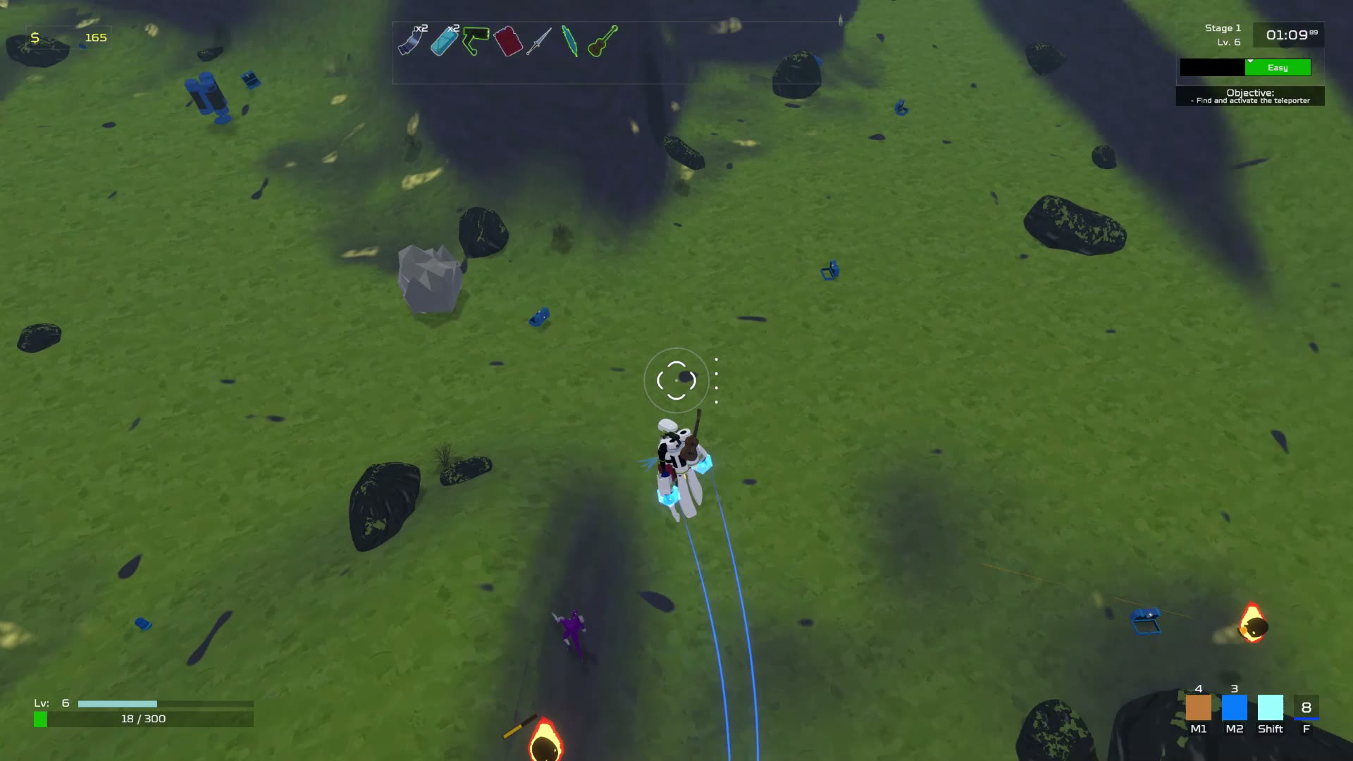 Artificer player hovering above the Titanic Plains level with item HUD visible