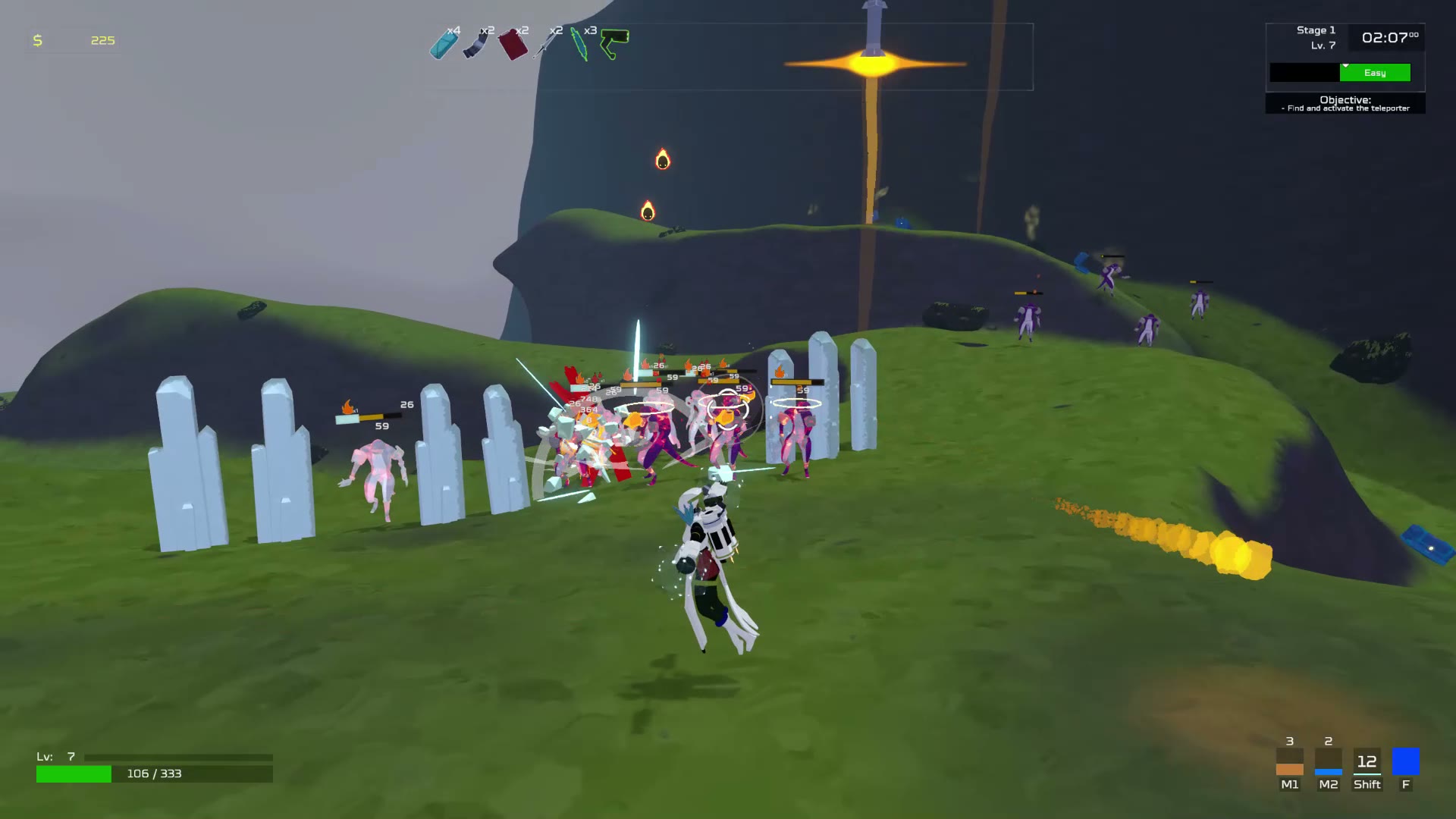 Artificer combat scene with multiple enemies, AoE damage numbers, and spell VFX