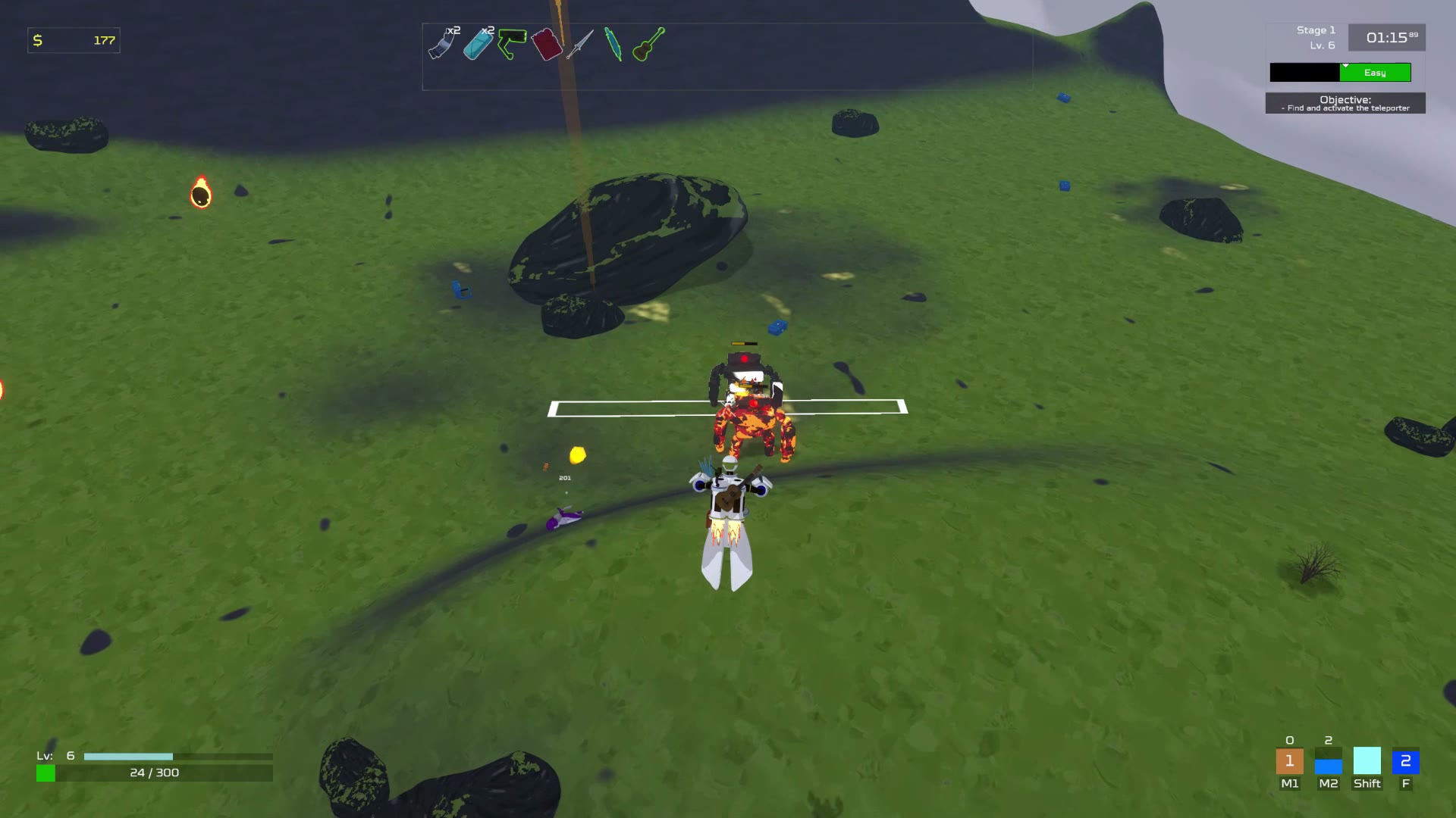 Artificer player fighting a Lemurian enemy at close range