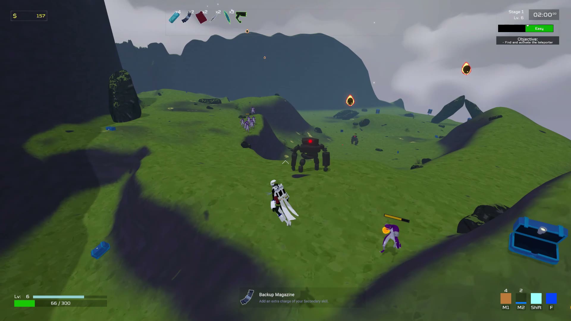 Artificer wide stage view with a Stone Golem and a Backup Magazine item pickup