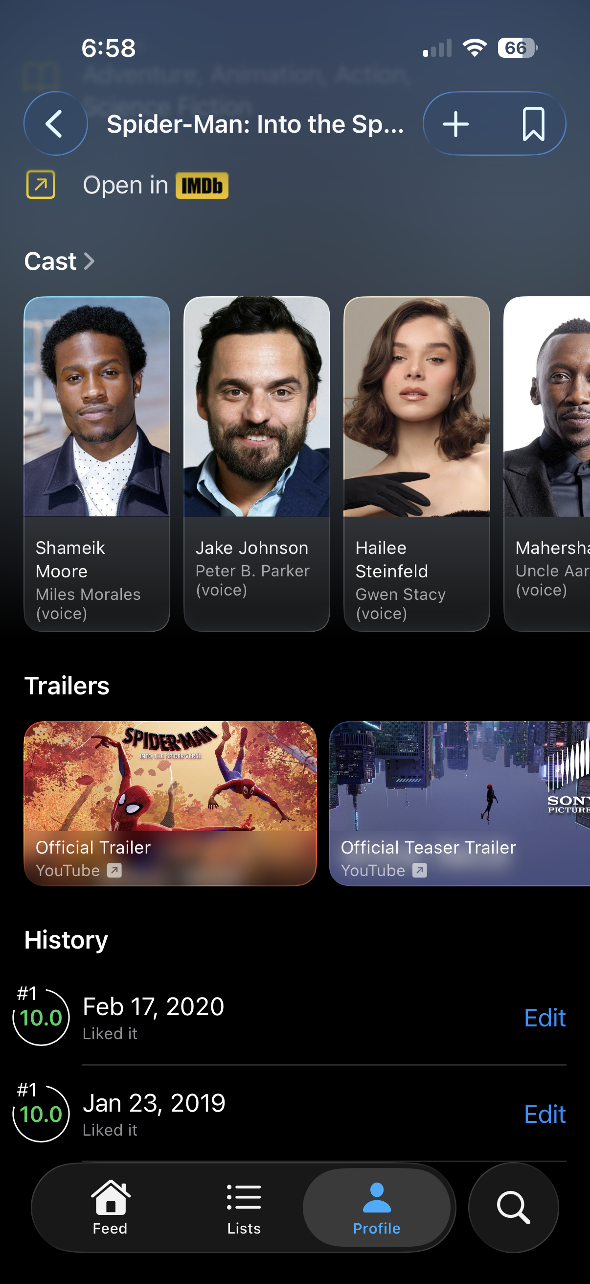 Cineduel movie detail showing cast, trailers, and rating history
