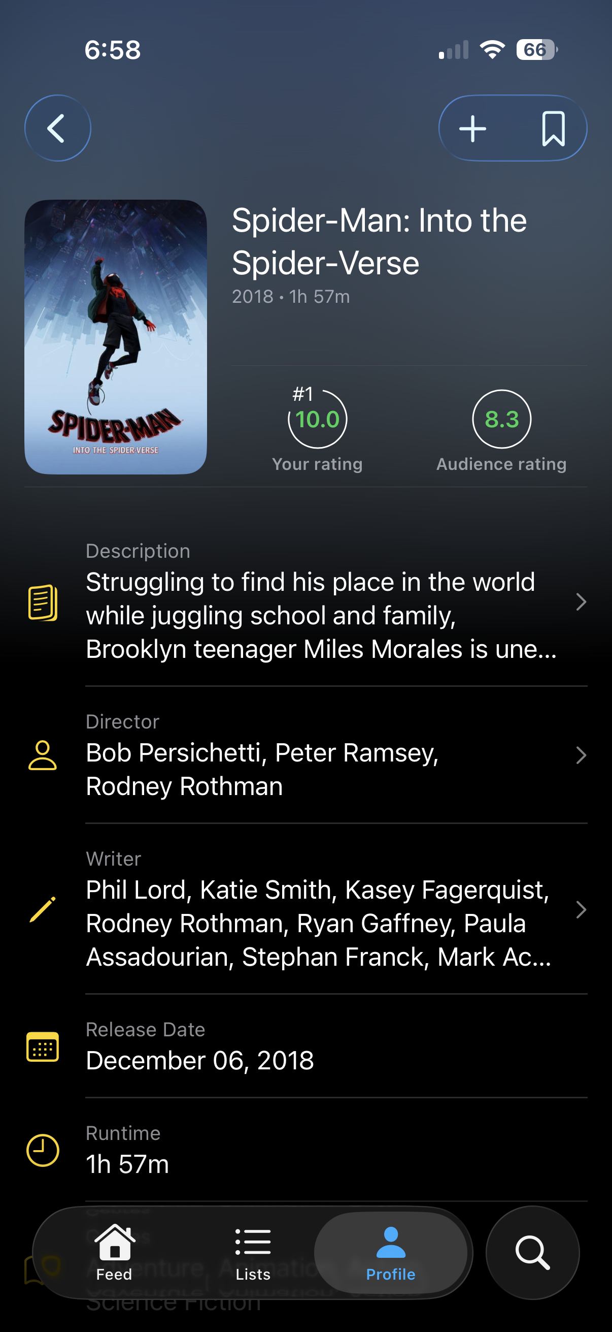 Cineduel movie detail for Spider-Man: Into the Spider-Verse with personal rating, audience rating, and metadata