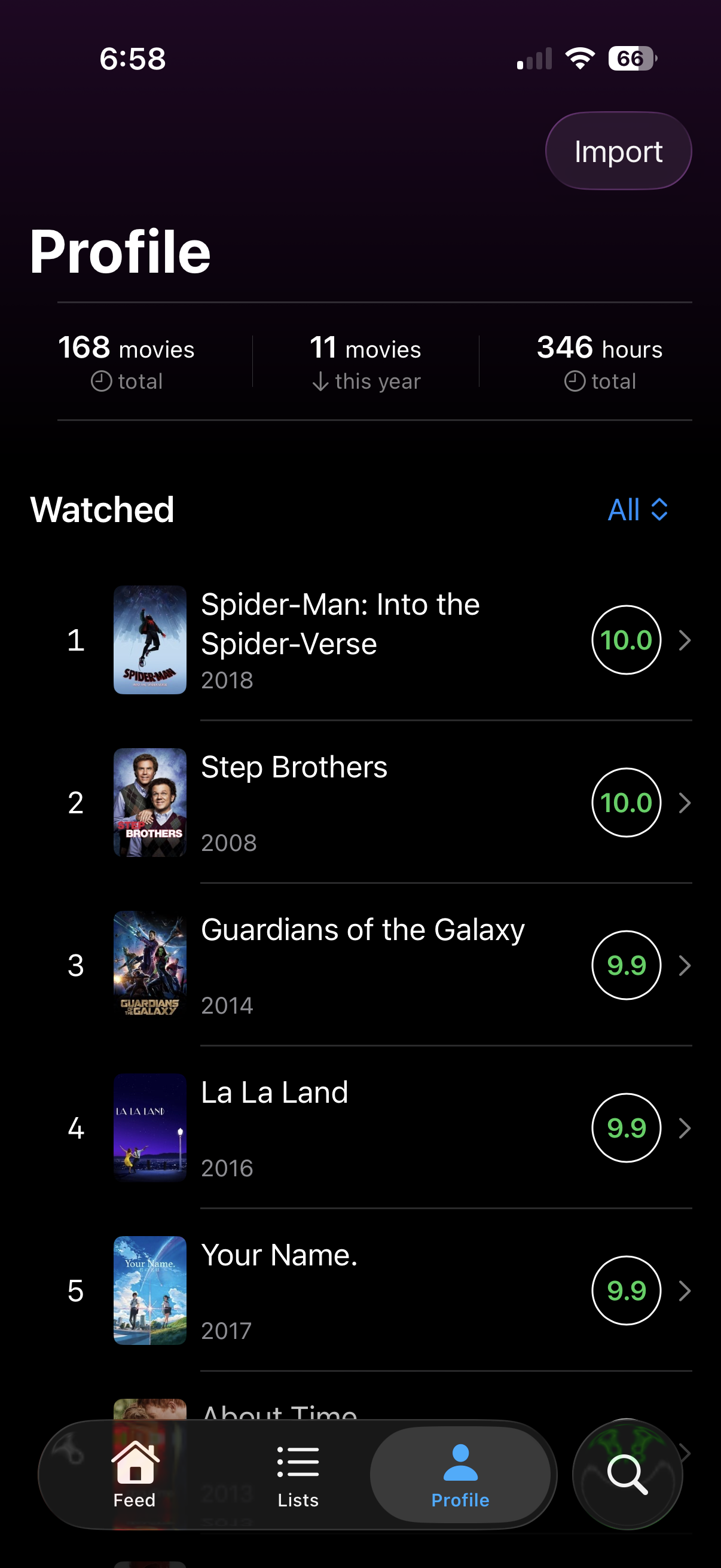 Cineduel profile with watched count, total runtime, and personal ranked list