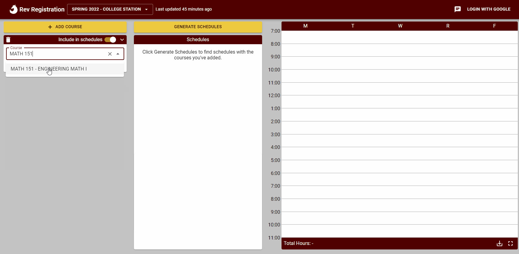 Rev Registration course search showing MATH 151 being added