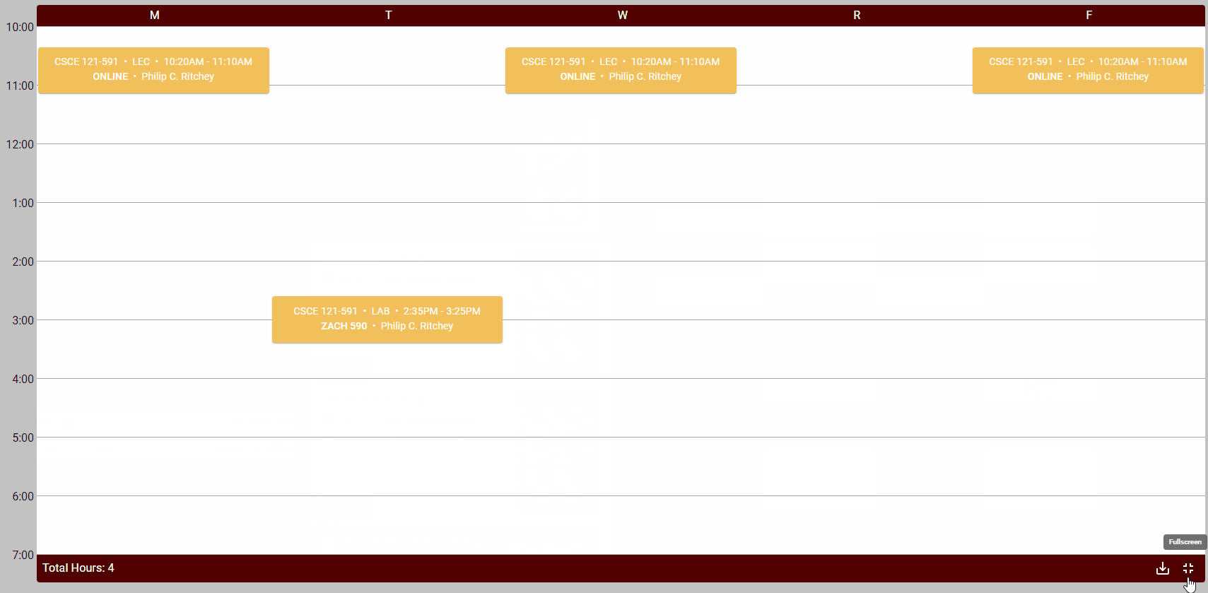Rev Registration generated schedule shown in fullscreen view