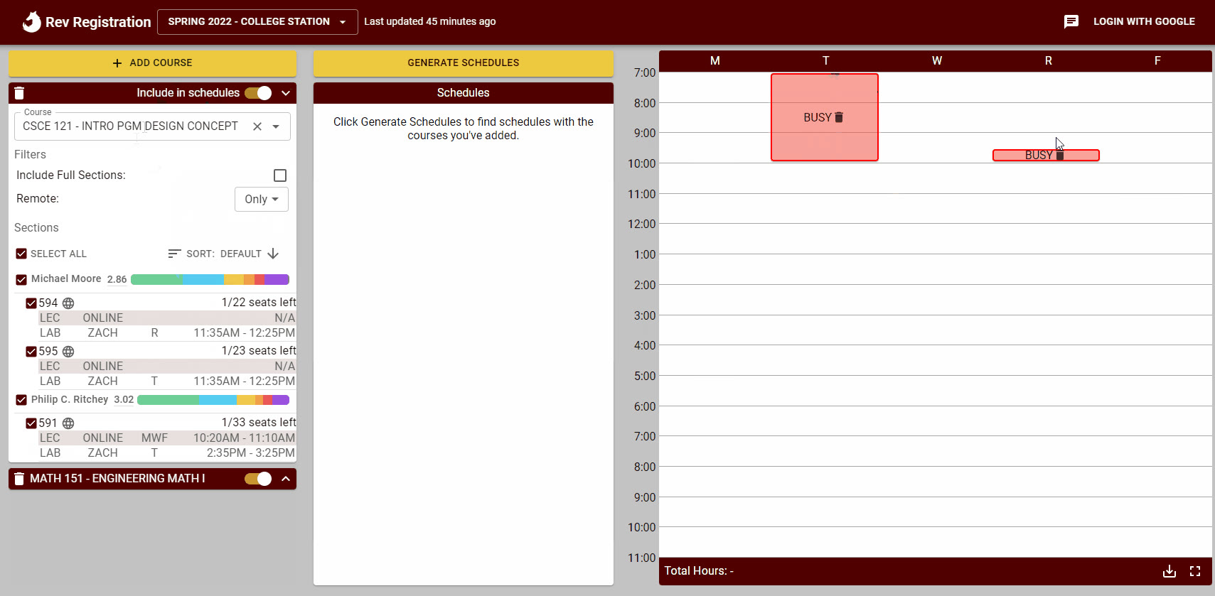 Rev Registration section list with filters and busy-time blocks on the schedule