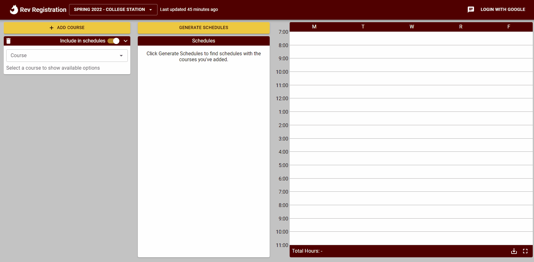 Rev Registration demo showing a class schedule planning interface